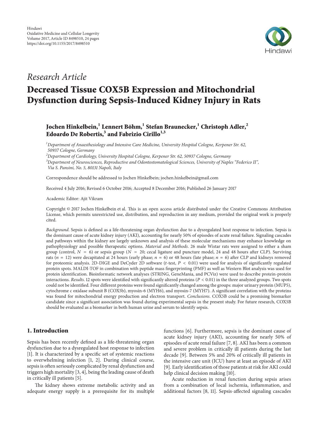 Research Article Decreased Tissue COX5B Expression and Mitochondrial Dysfunction During Sepsis-Induced Kidney Injury in Rats