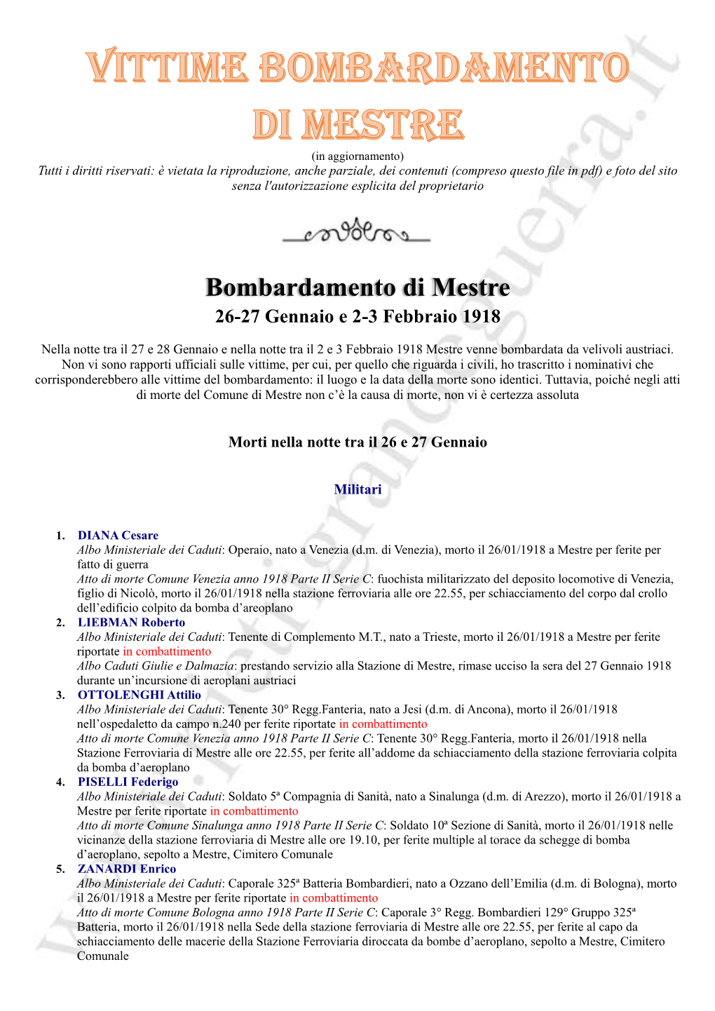 Bombardamento Di Mestre 26-27 Gennaio E 2-3 Febbraio 1918