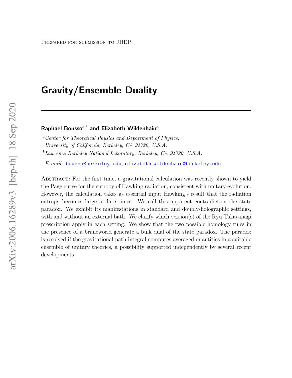 Gravity/Ensemble Duality Arxiv:2006.16289V3 [Hep-Th]