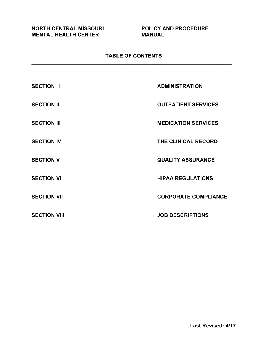 North Central Missouri Policy and Procedure Mental Health Center Manual ______