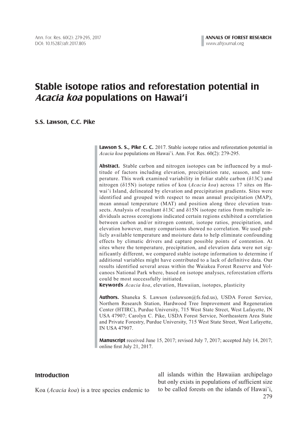 Stable Isotope Ratios and Reforestation Potential in Acacia Koa Populations on Hawai’I