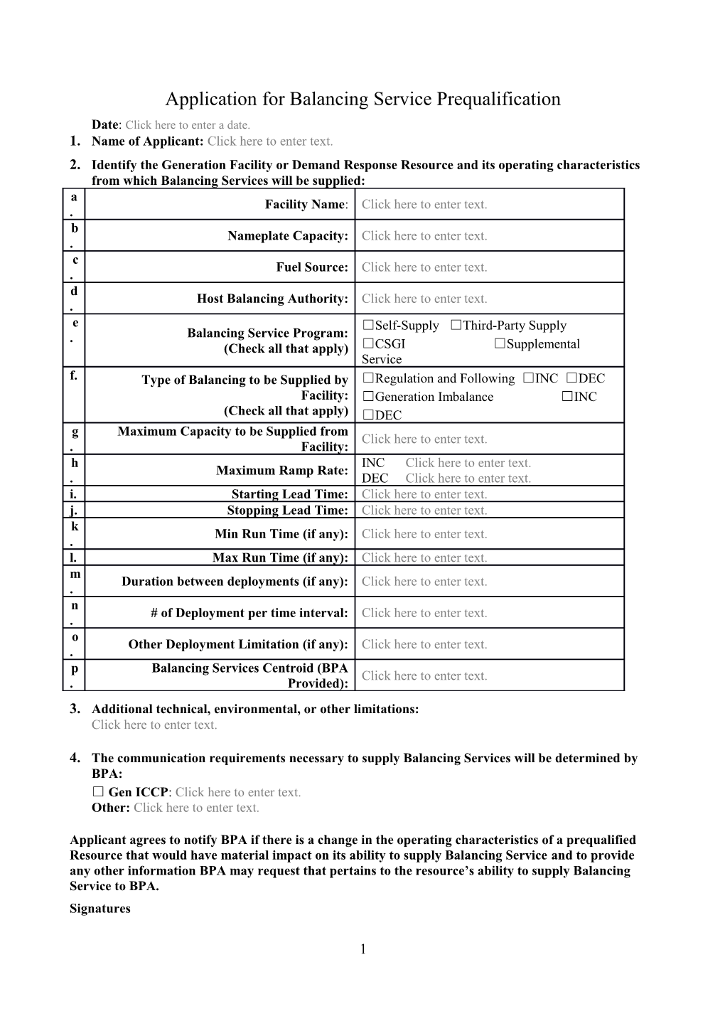 Application for Balancing Service Prequalification - Form