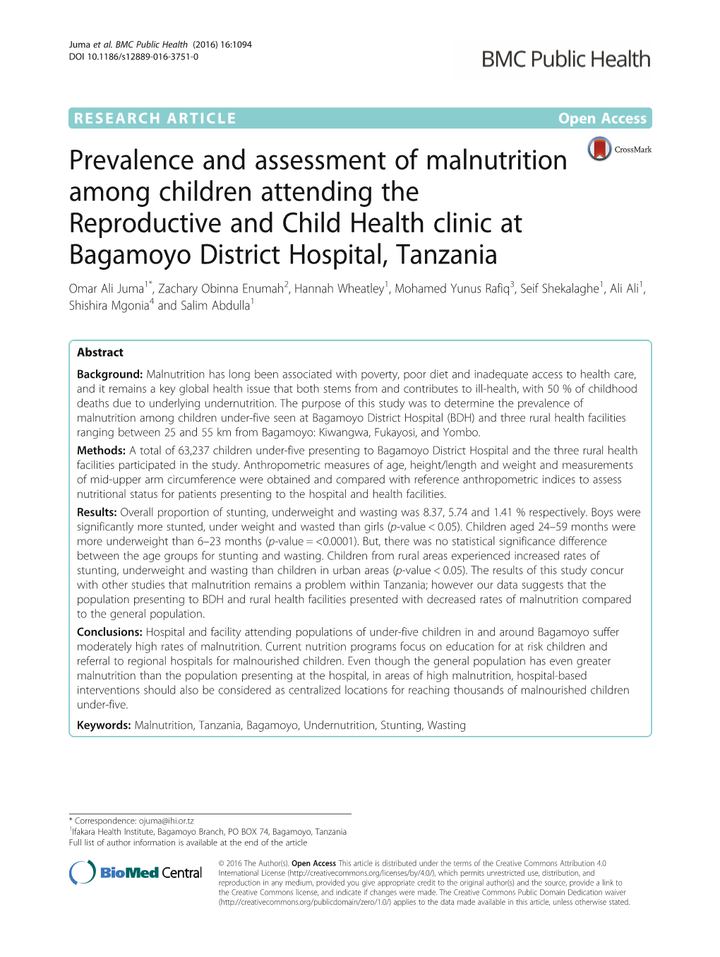 Prevalence and Assessment of Malnutrition Among Children Attending the Reproductive and Child Health Clinic at Bagamoyo District