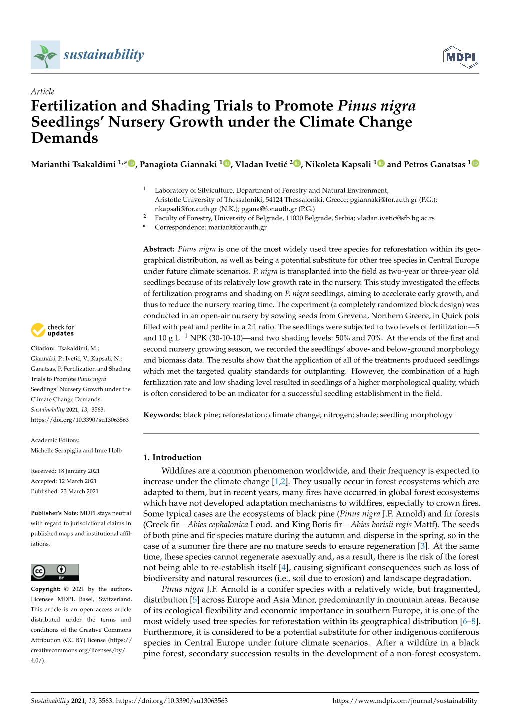 Fertilization and Shading Trials to Promote Pinus Nigra Seedlings’ Nursery Growth Under the Climate Change Demands