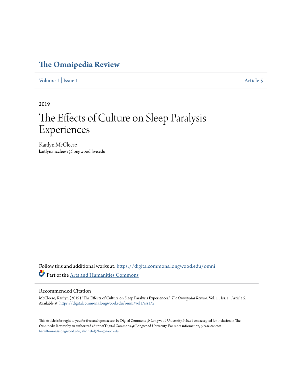 The Effects of Culture on Sleep Paralysis Experiences,