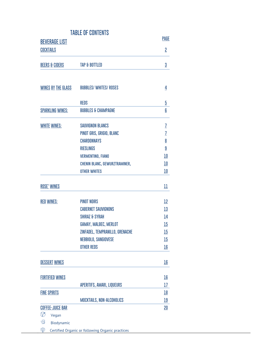 Table of Contents Page Beverage List Cocktails 2