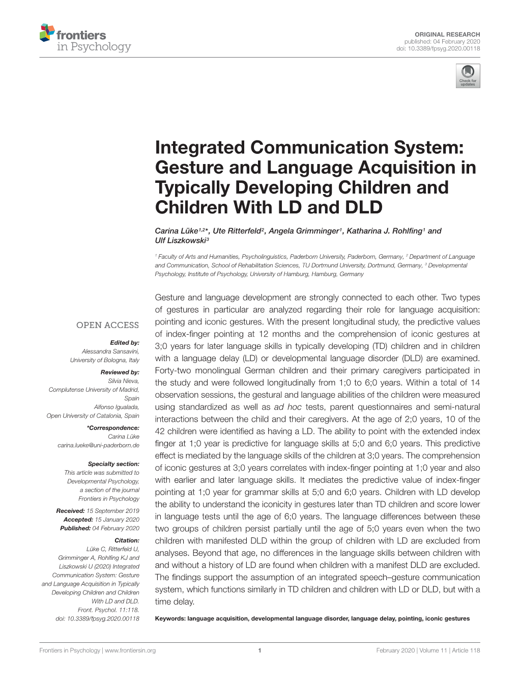 Gesture and Language Acquisition in Typically Developing Children and Children with LD and DLD