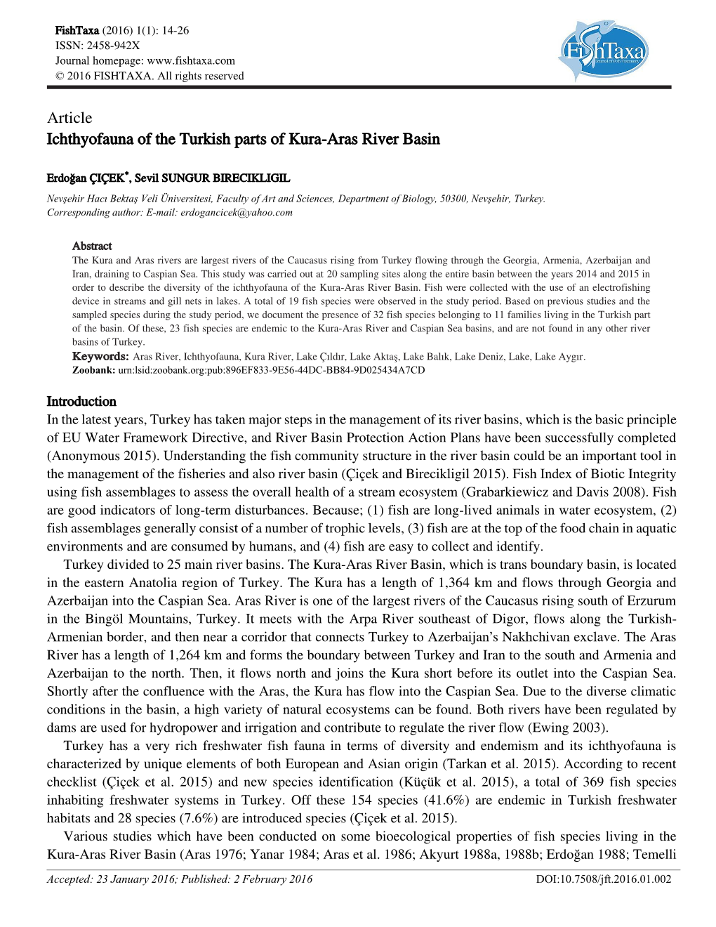 Article Ichthyofauna of the Turkish Parts of Kura-Aras River Basin