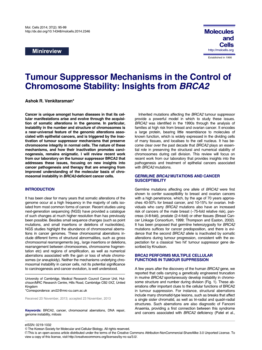 Tumour Suppressor Mechanisms in the Control of Chromosome Stability: Insights from BRCA2