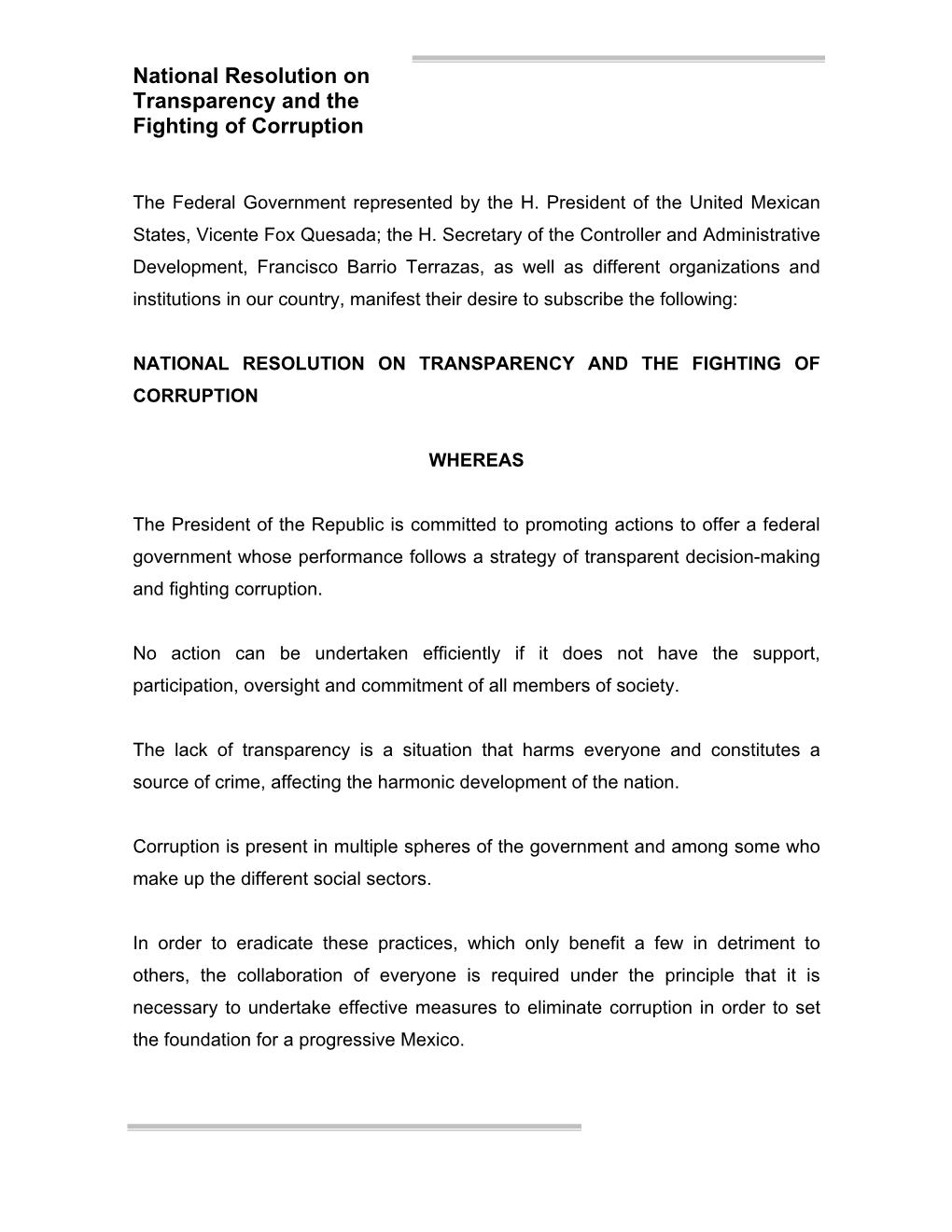 National Resolution on Transparency and the Fighting of Corruption