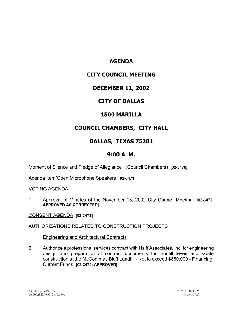 Agenda City Council Meeting December 11, 2002 City Of