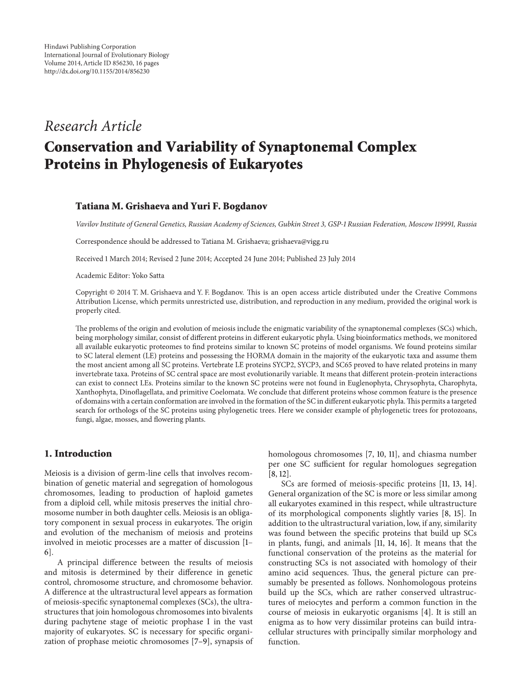 Research Article Conservation and Variability of Synaptonemal Complex Proteins in Phylogenesis of Eukaryotes