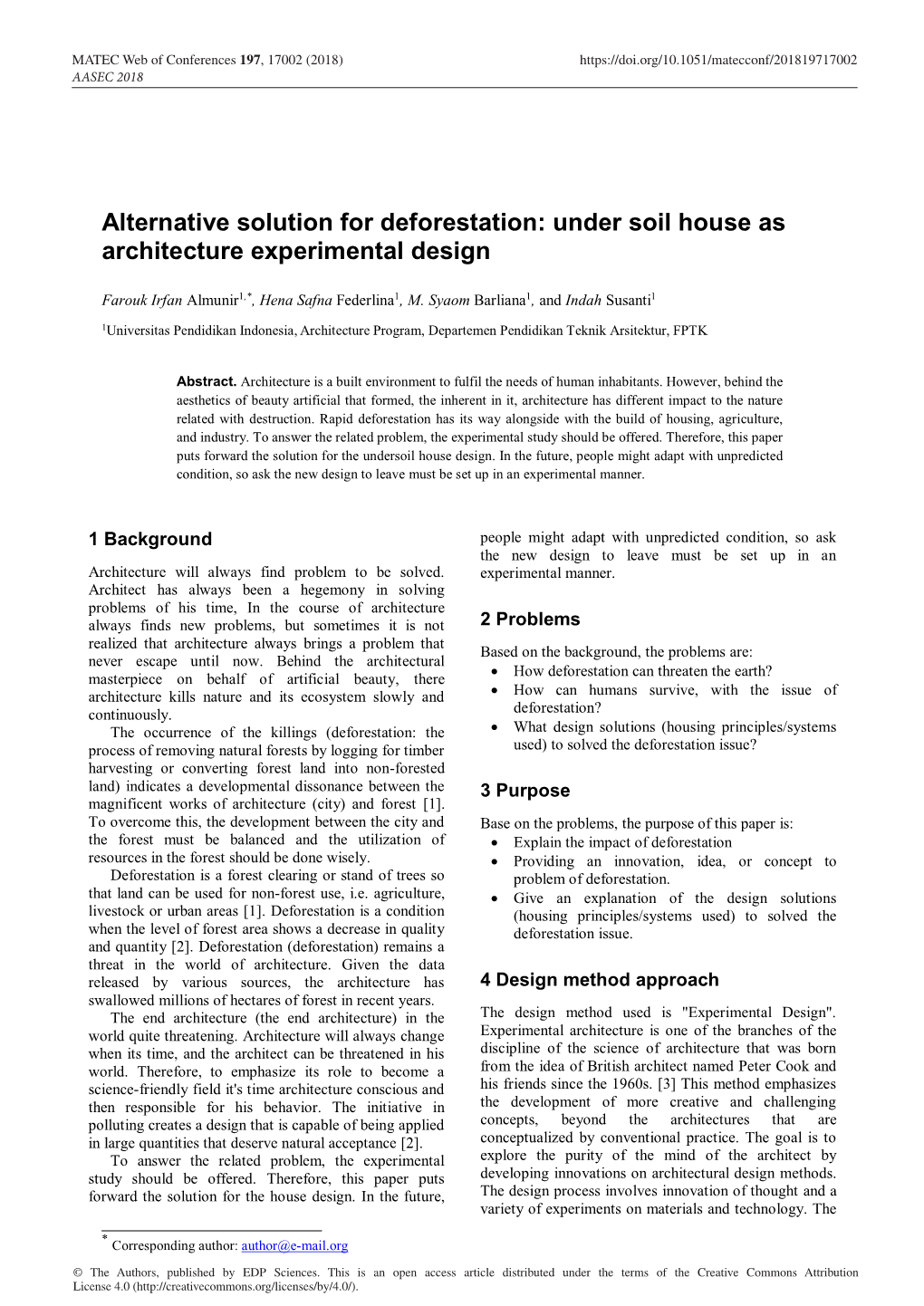 Alternative Solution for Deforestation: Under Soil House As Architecture Experimental Design