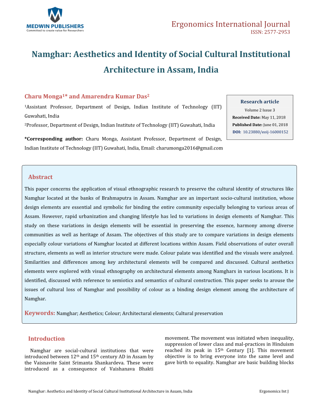 Namghar: Aesthetics and Identity of Social Cultural Institutional Architecture in Assam, India