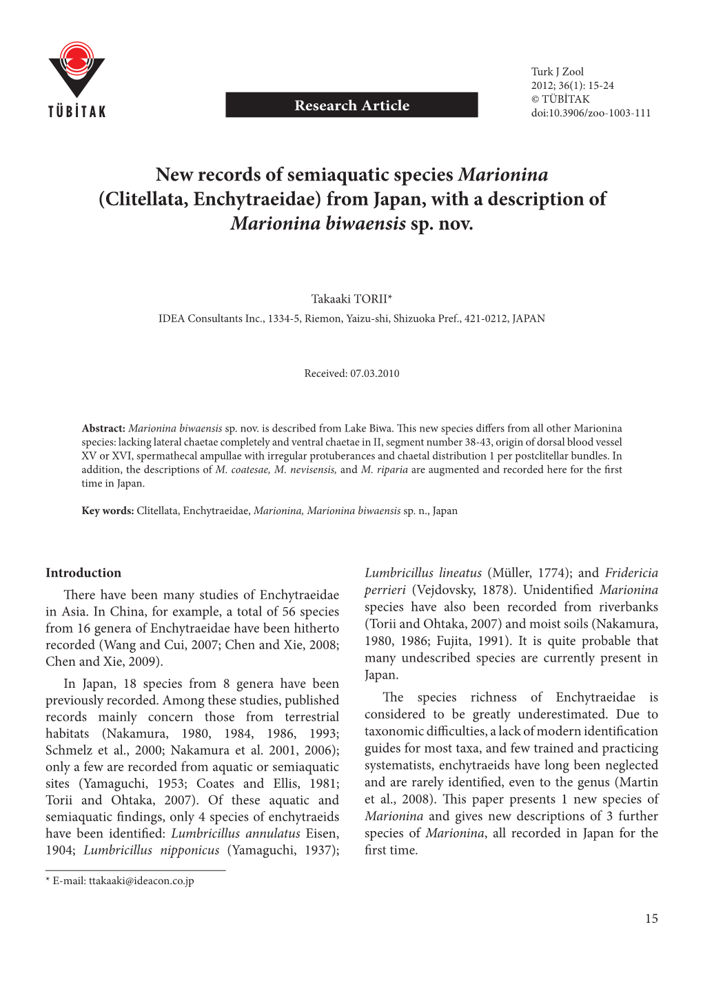 New Records of Semiaquatic Species Marionina (Clitellata, Enchytraeidae) from Japan, with a Description of Marionina Biwaensis Sp