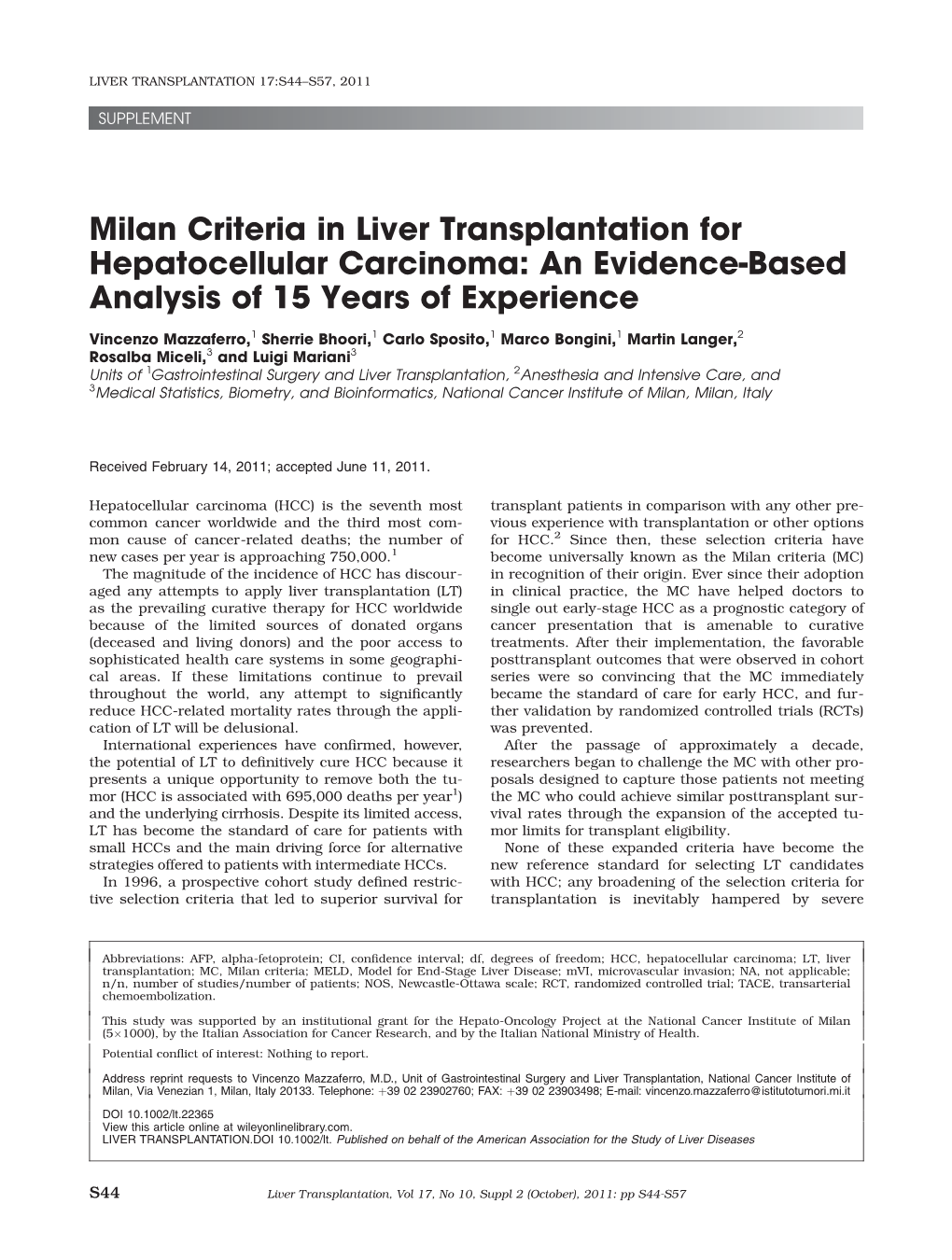Milan Criteria in Liver Transplantation for Hepatocellular Carcinoma: an Evidence-Based Analysis of 15 Years of Experience