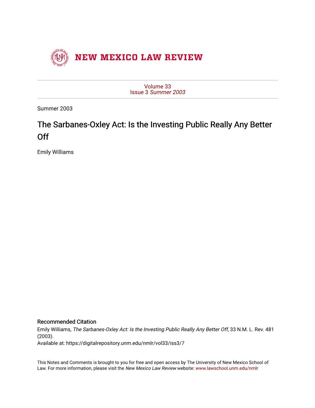 The Sarbanes-Oxley Act: Is the Investing Public Really Any Better Off