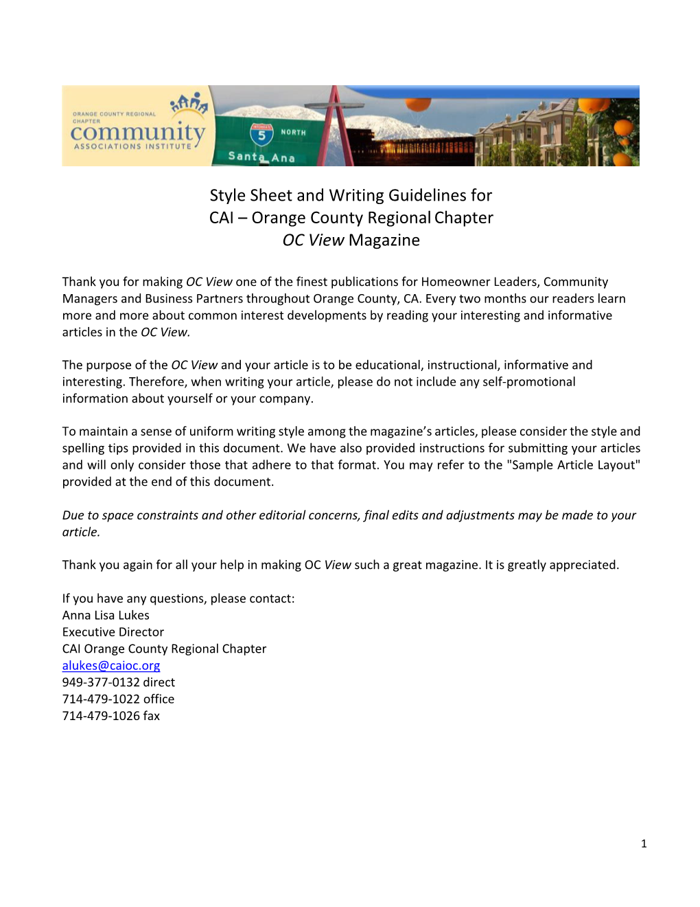 Style Sheet and Writing Guidelines for CAI – Orange County Regional Chapter OC View Magazine