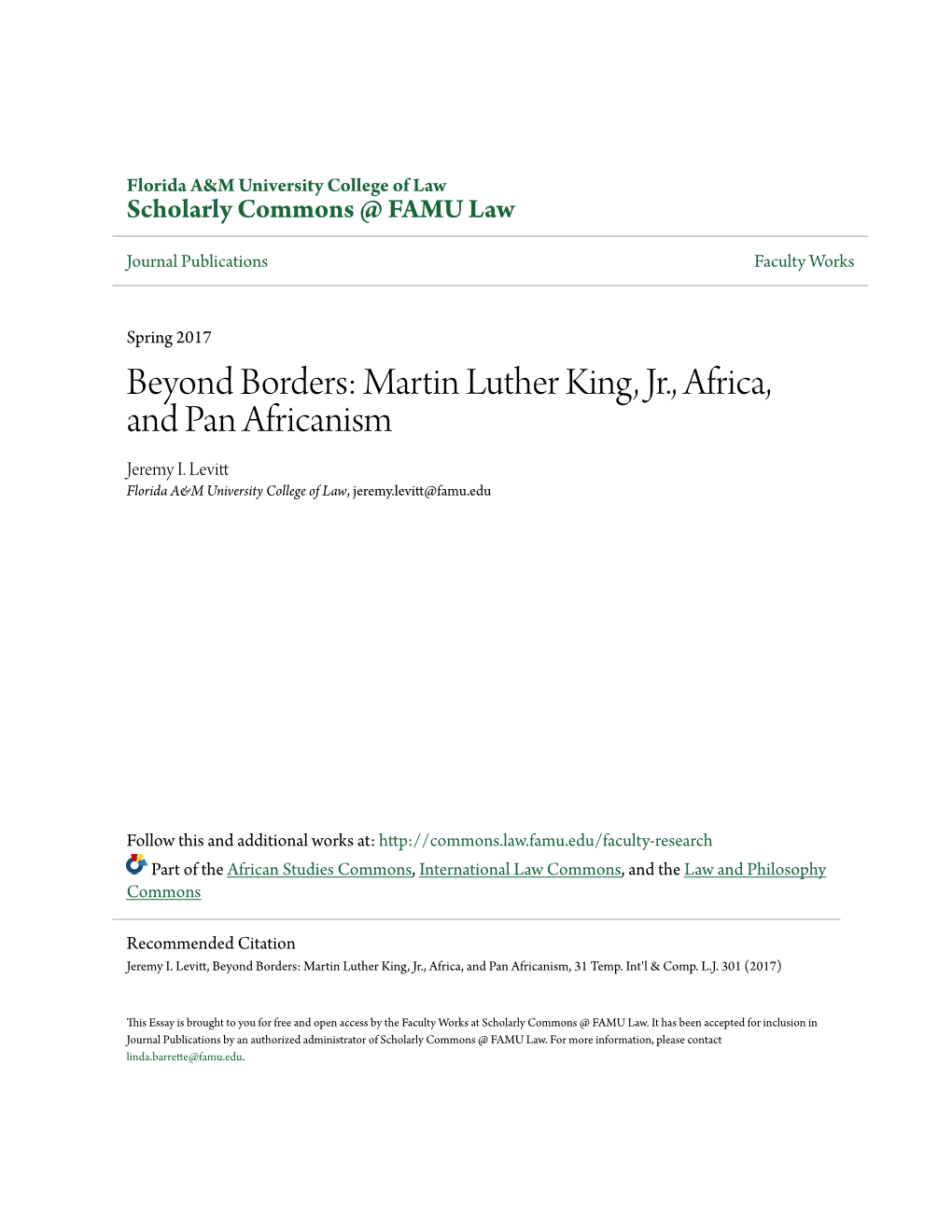 Beyond Borders: Martin Luther King, Jr., Africa, and Pan Africanism Jeremy I