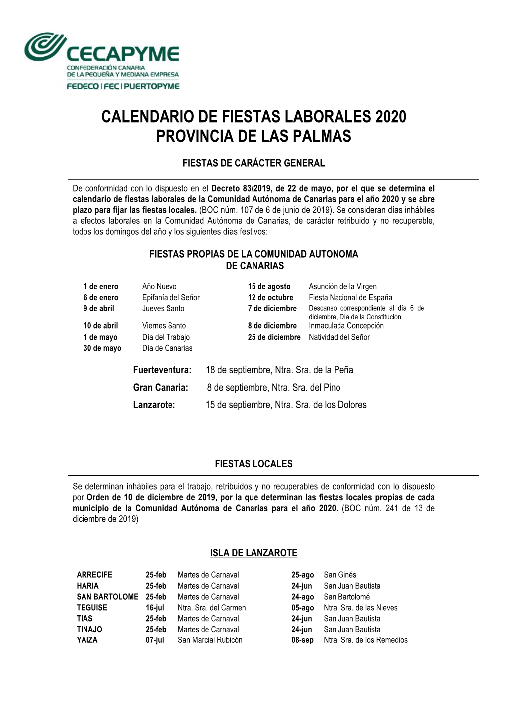 Calendario De Fiestas Laborales 2020 Provincia De Las Palmas