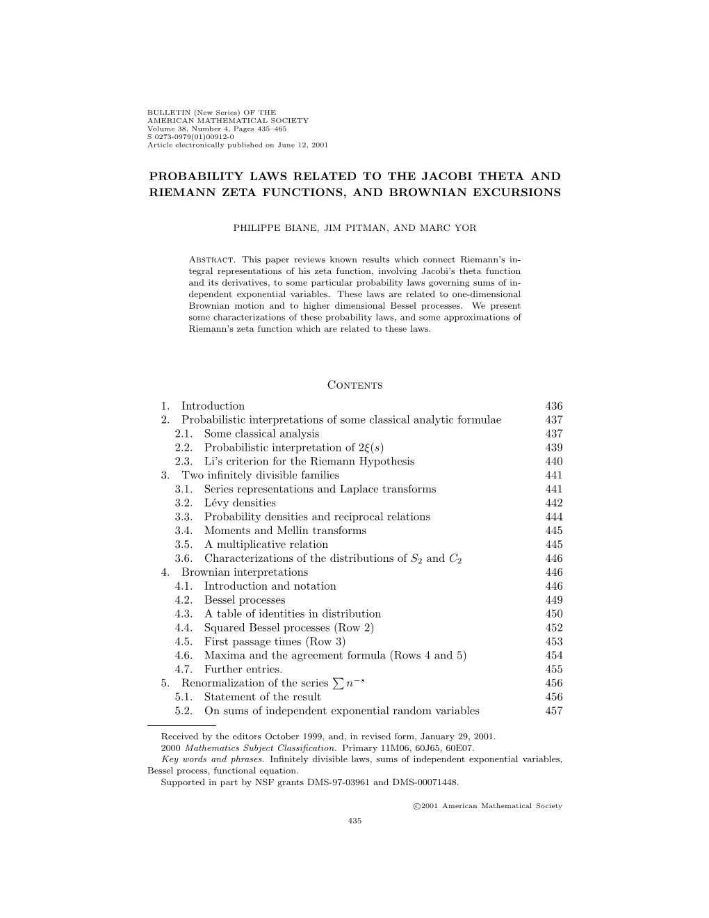 PROBABILITY LAWS RELATED to the JACOBI THETA and RIEMANN ZETA FUNCTIONS, and BROWNIAN EXCURSIONS Contents 1. Introduction 436 2