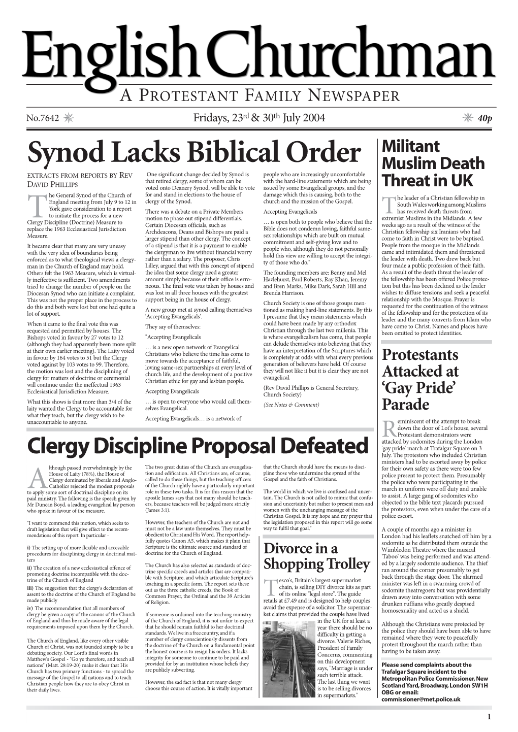 Synod Lacks Biblical Order