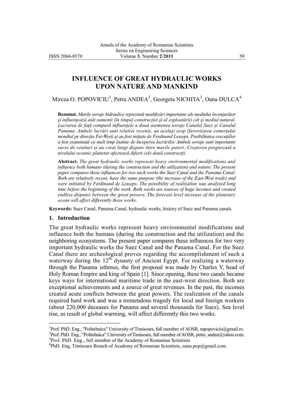 Academy of Romanian Scientists Series on Engineering Sciences ISSN 2066-8570 Volume 3, Number 2/2011 59