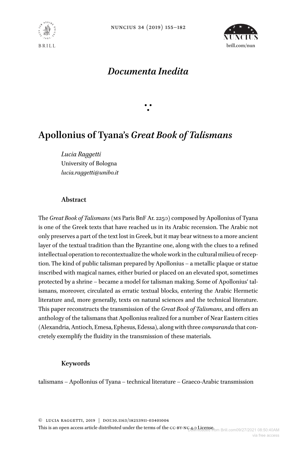 Documentainedita Apollonius of Tyana's Greatbookof Talismans