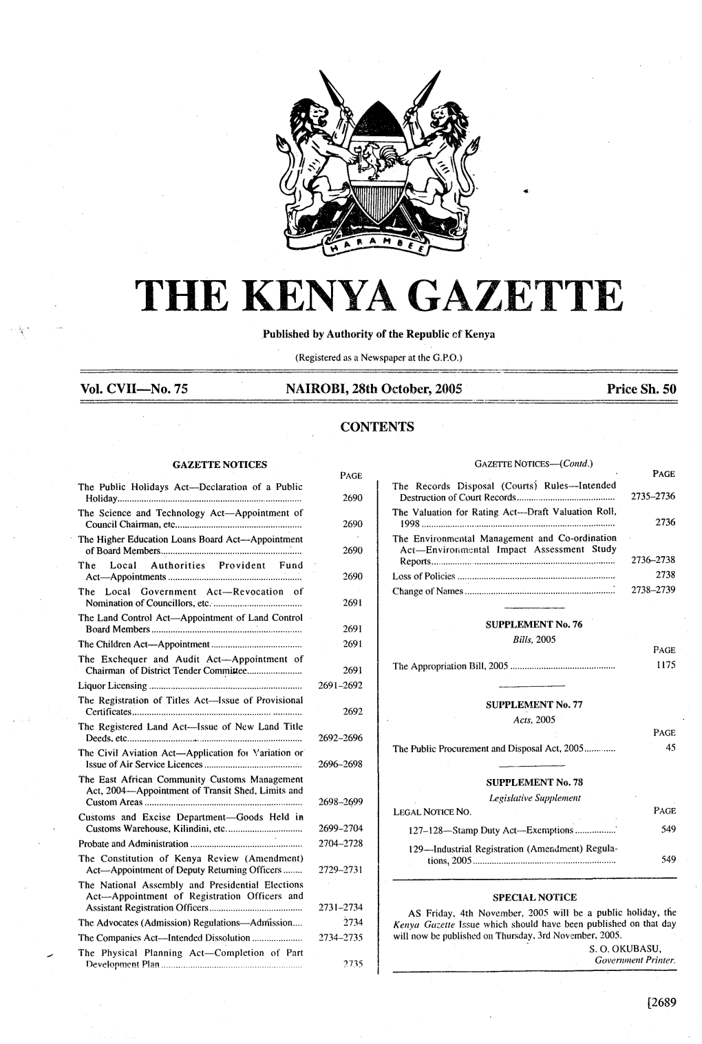 THE KENYA GAZETTE B Published by Authority of the Republic Cf Kenya