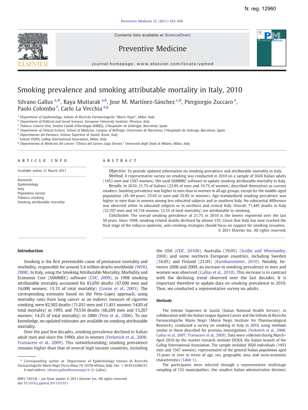 Smoking Prevalence and Smoking Attributable Mortality in Italy, 2010