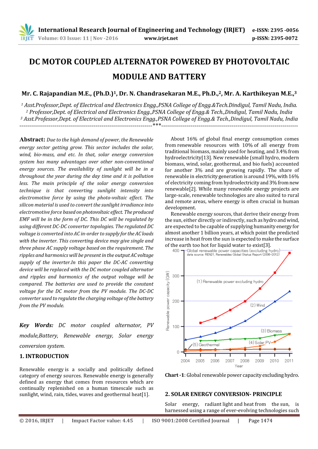 Dc Motor Coupled Alternator Powered by Photovoltaic Module and Battery