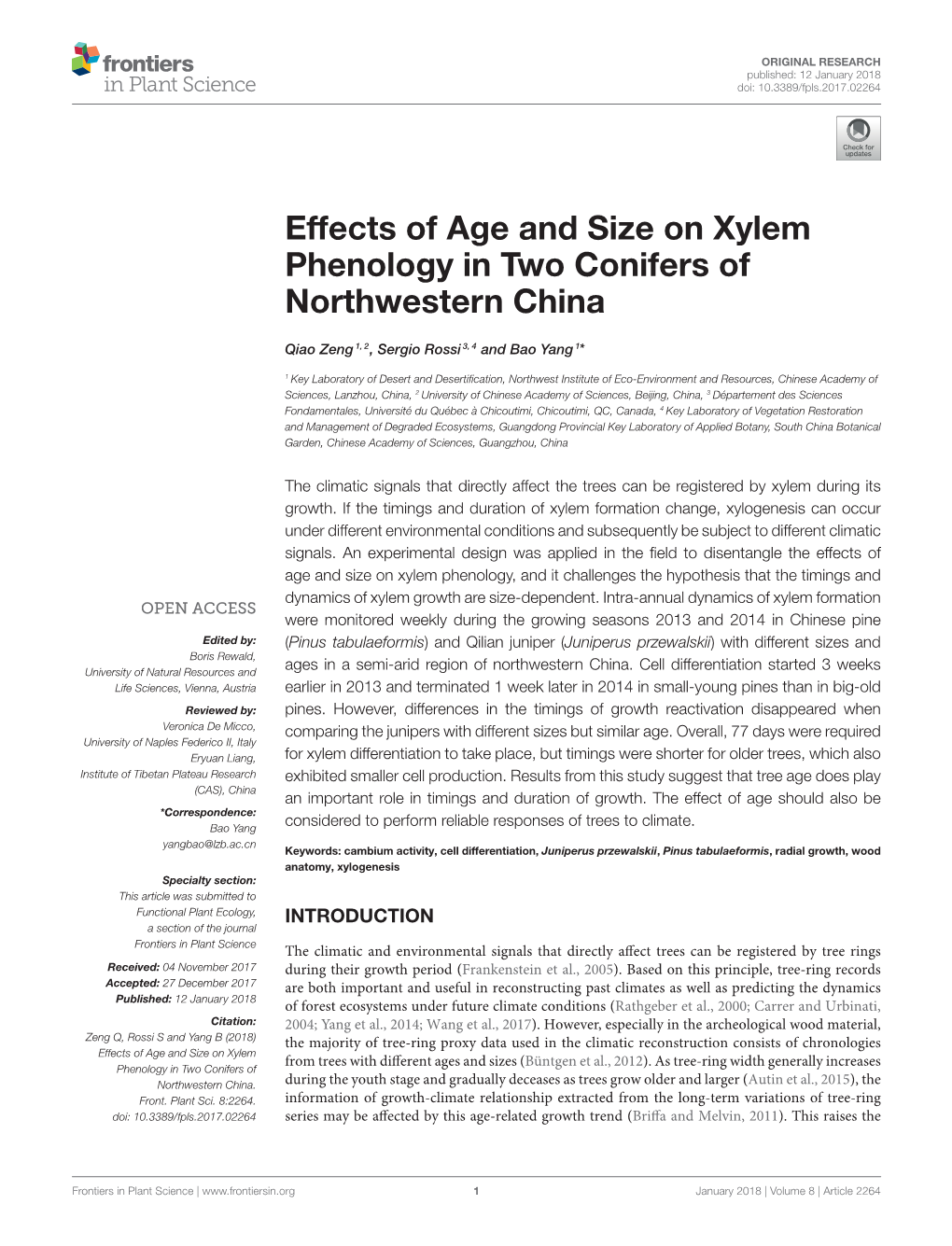 Effects of Age and Size on Xylem Phenology in Two Conifers of Northwestern China