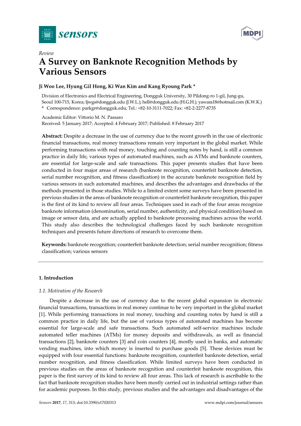 A Survey on Banknote Recognition Methods by Various Sensors