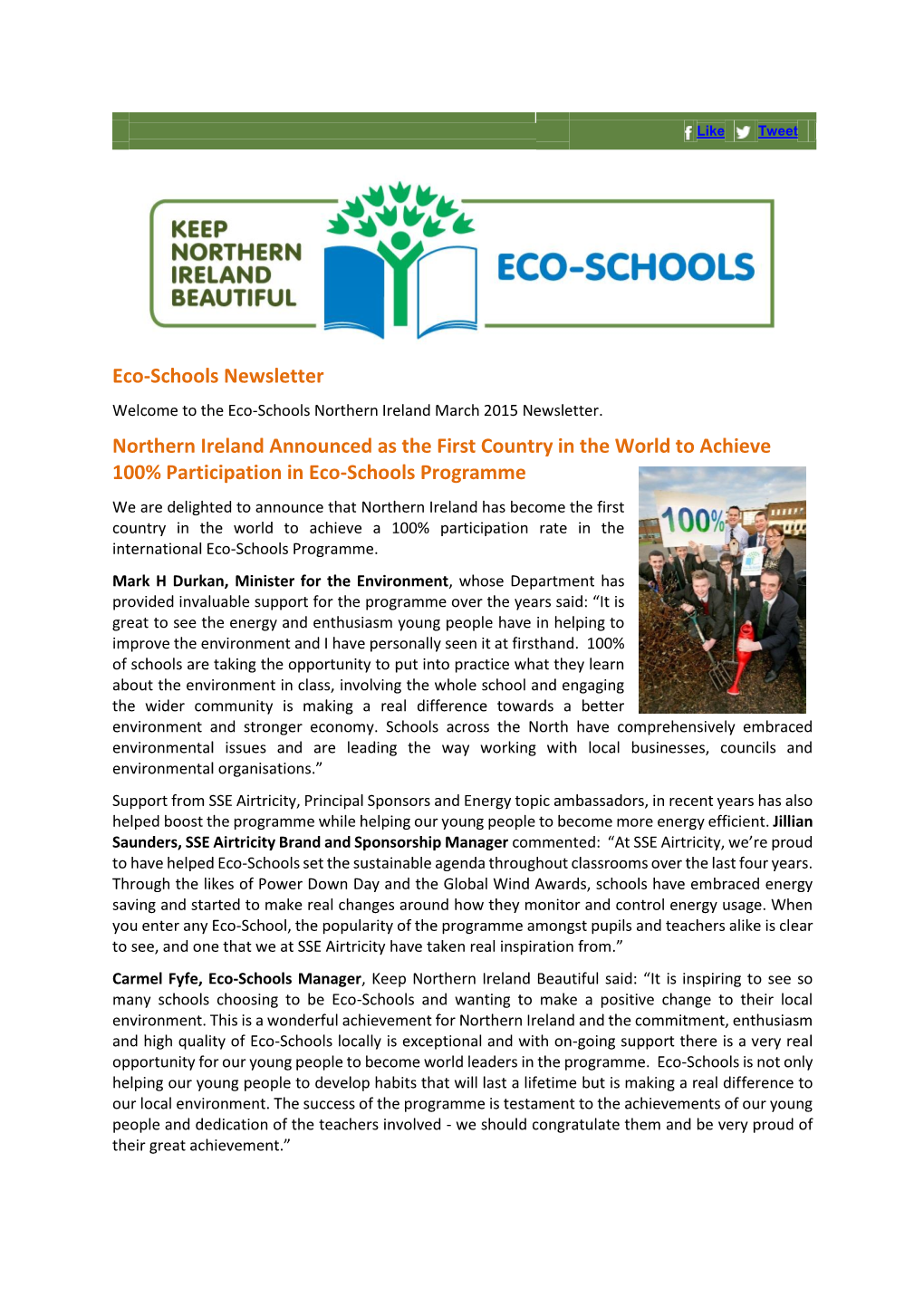 Eco-Schools Newsletter Northern Ireland Announced As the First