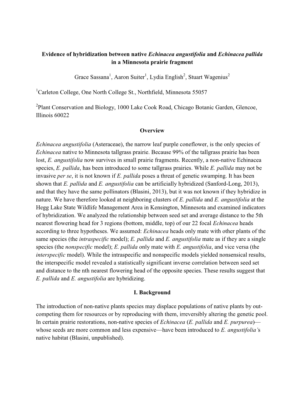 Evidence of Hybridization Between Native Echinacea Angustifolia and Echinacea Pallida in a Minnesota Prairie Fragment