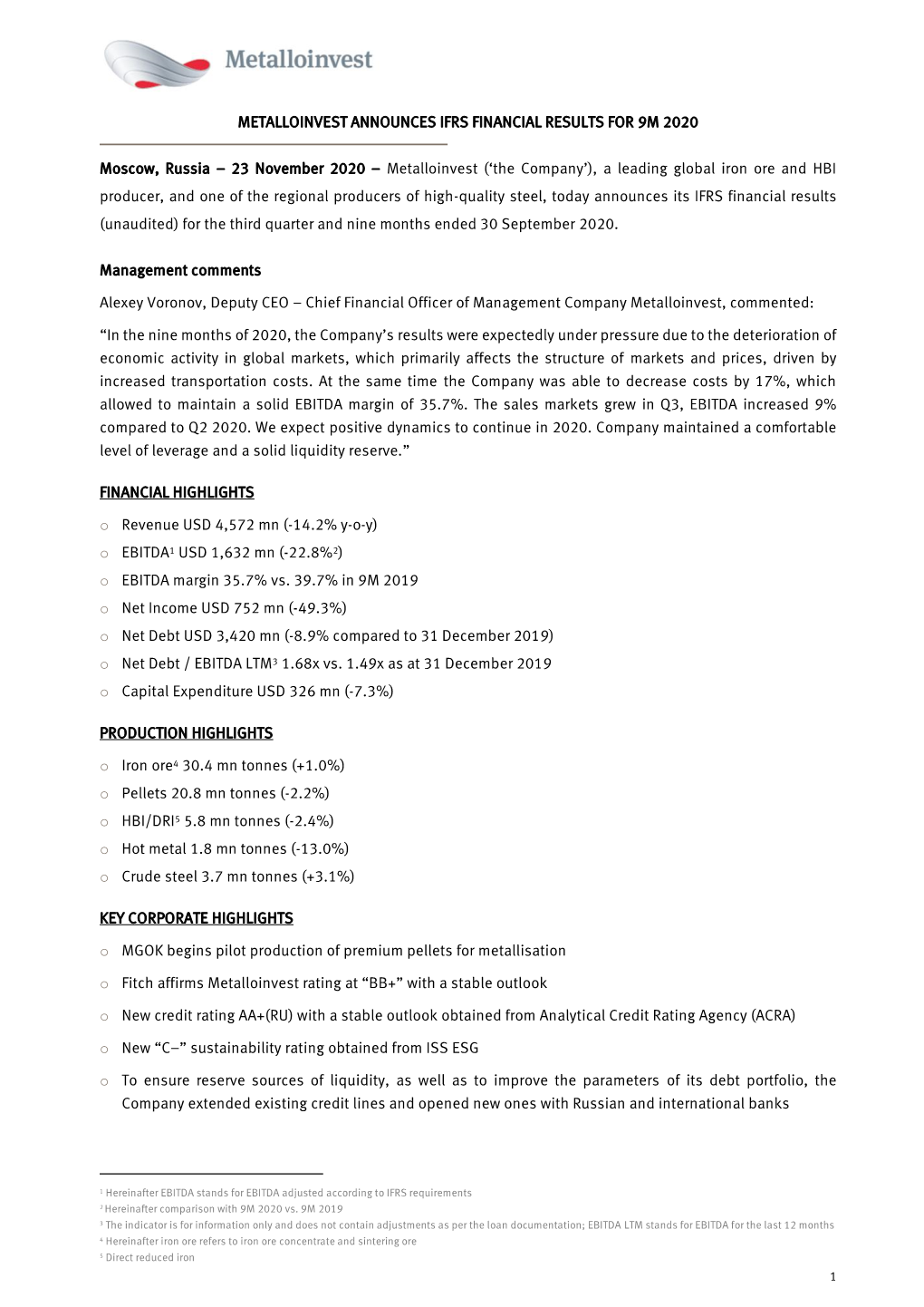 Metalloinvest Announces Ifrs Financial Results for 9M 2020