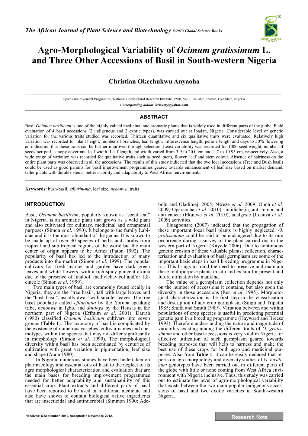 Agro-Morphological Variability of Ocimum Gratissimum L. and Three Other Accessions of Basil in South-Western Nigeria
