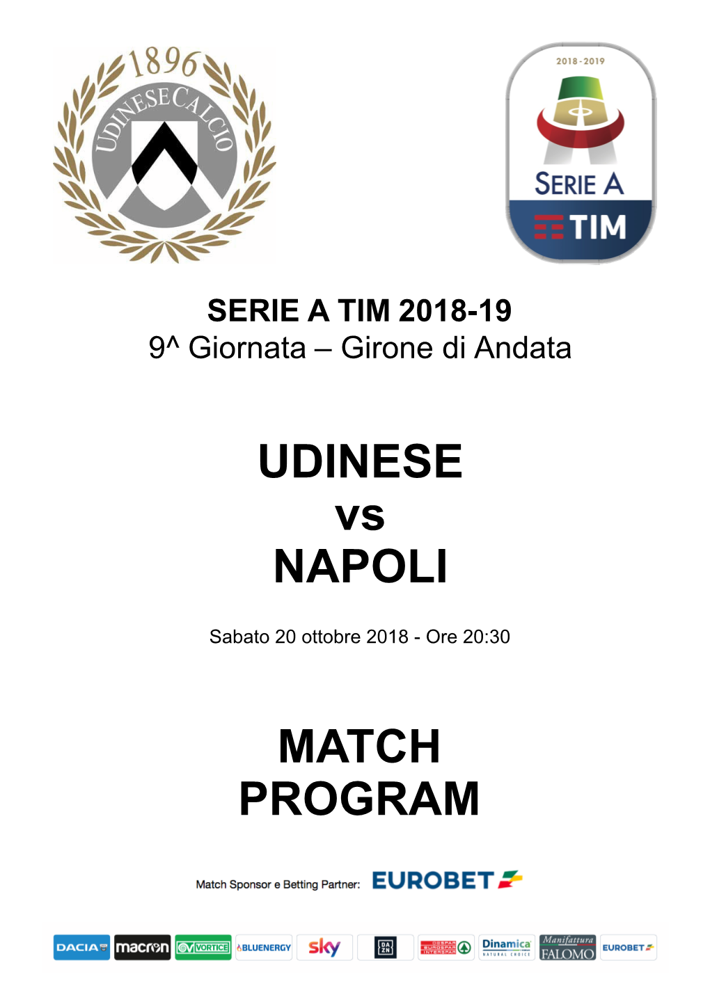 UDINESE Vs NAPOLI MATCH PROGRAM