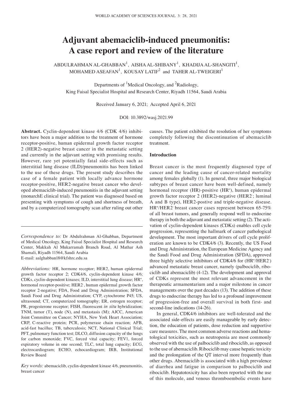 Adjuvant Abemaciclib‑Induced Pneumonitis: a Case Report and Review of the Literature