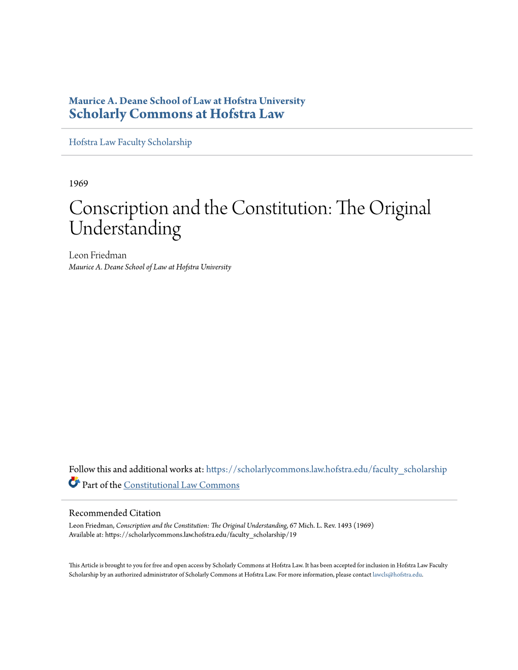 Conscription and the Constitution: the Original Understanding Leon Friedman Maurice A