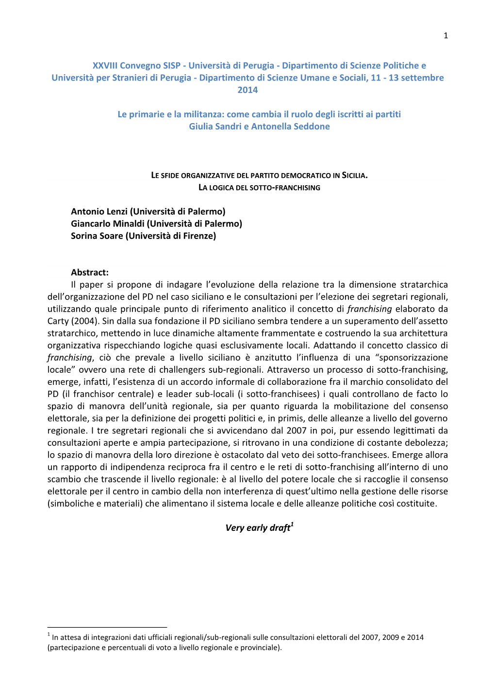 Dipartimento Di Scienze Politiche E Università Per Stranieri Di Perugia - Dipartimento Di Scienze Umane E Sociali, 11 - 13 Settembre 2014