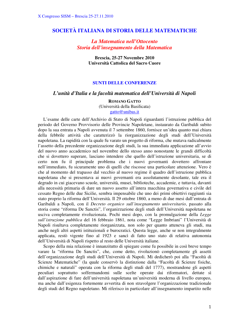 SOCIETÀ ITALIANA DI STORIA DELLE MATEMATICHE La Matematica Nell’Ottocento Storia Dell’Insegnamento Della Matematica