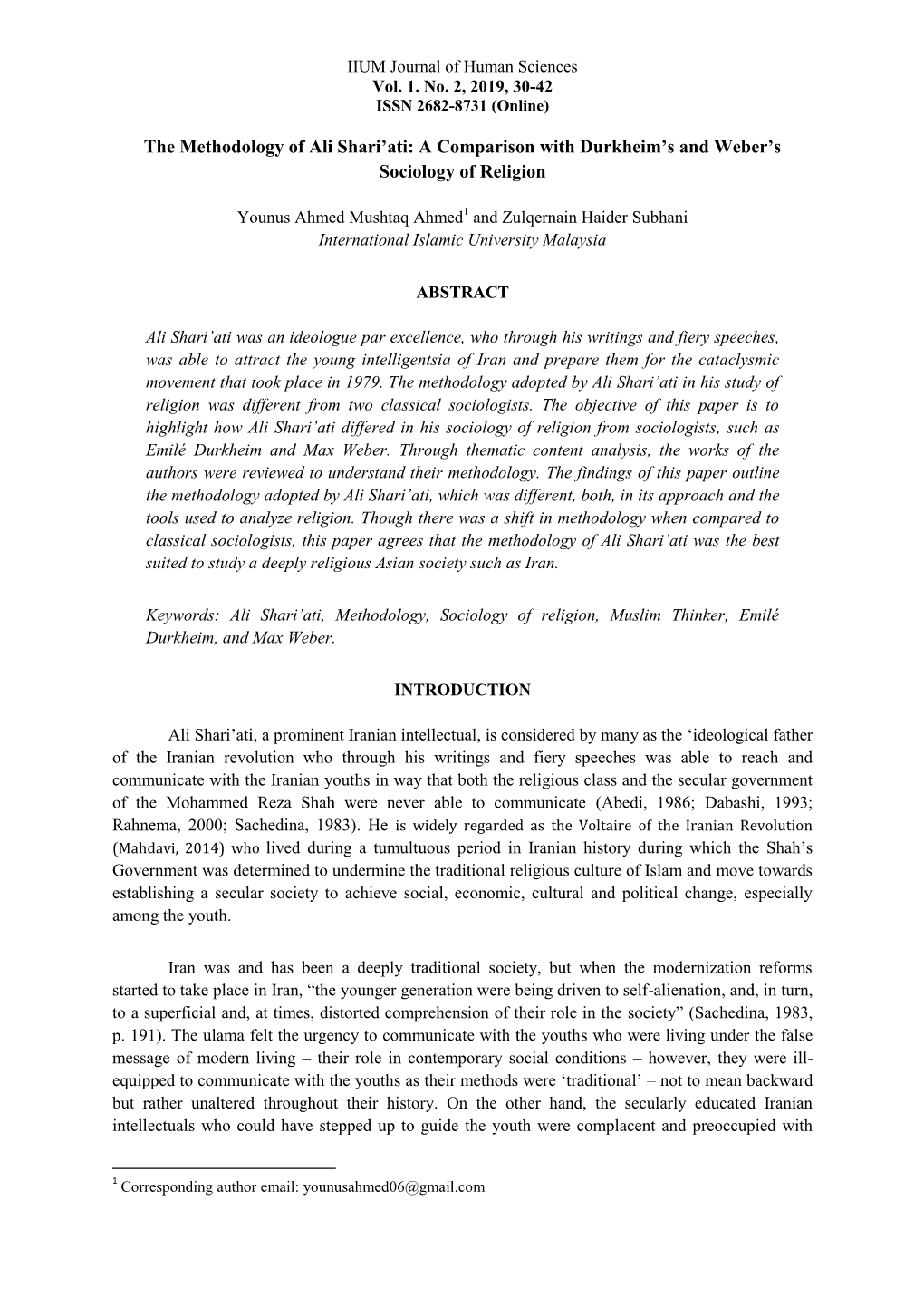 The Methodology of Ali Shari'ati: a Comparison with Durkheim's and Weber's Sociology of Religion