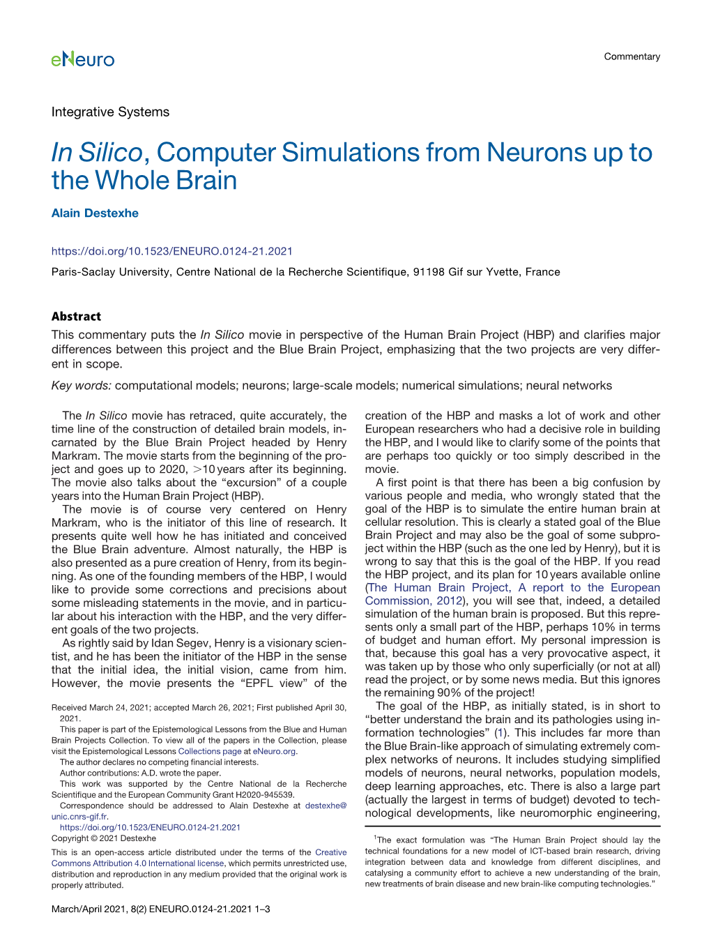 In Silico, Computer Simulations from Neurons up to the Whole Brain