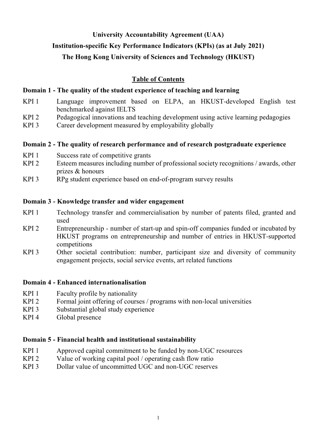 Institution-Specific Key Performance Indicators (Kpis) (As at July 2021) the Hong Kong University of Sciences and Technology (HKUST)