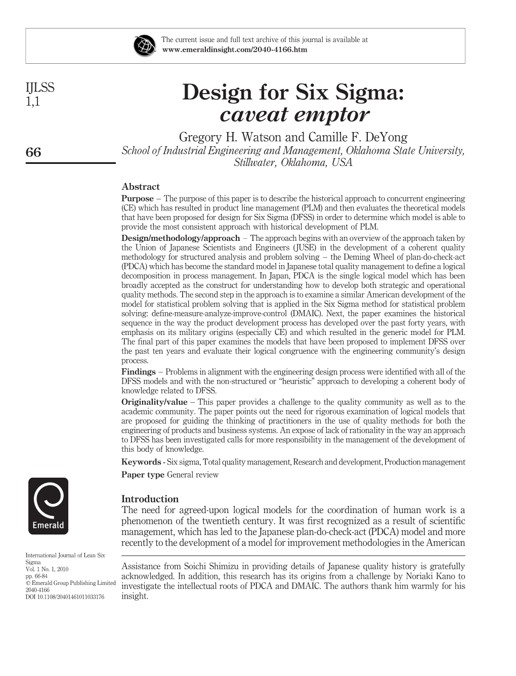 Design for Six Sigma: Caveat Emptor Gregory H