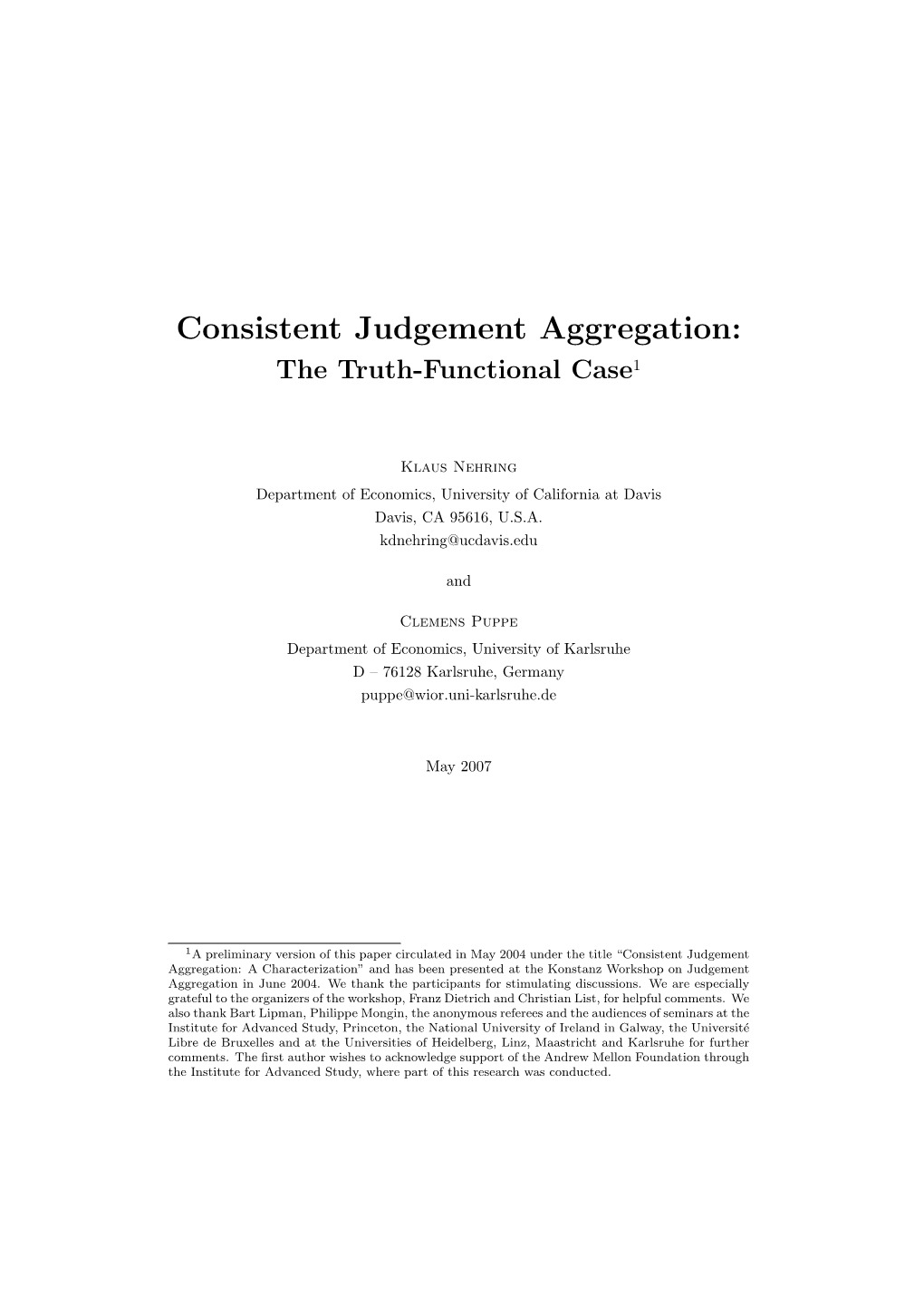 Consistent Judgement Aggregation: the Truth-Functional Case1