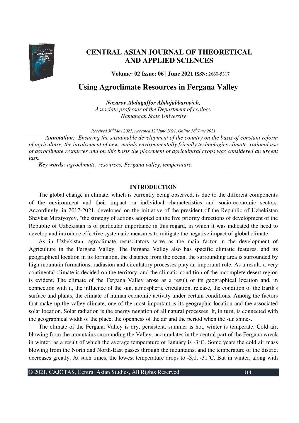 Using Agroclimate Resources in Fergana Valley