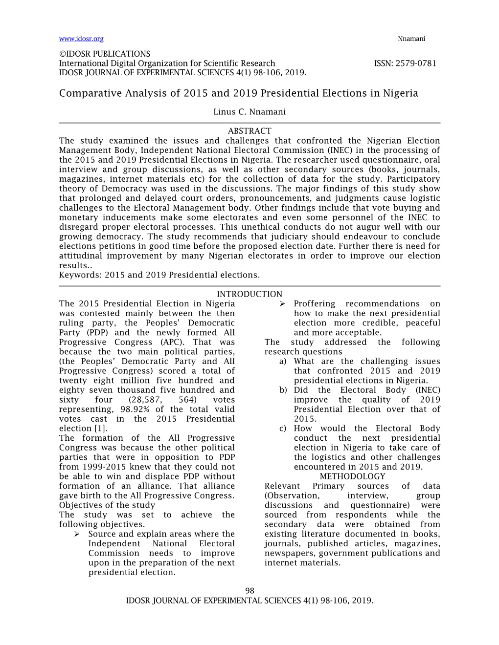 Comparative Analysis of 2015 and 2019 Presidential Elections in Nigeria