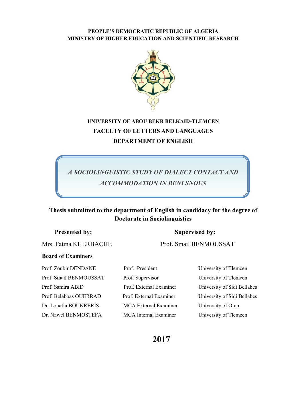 A Sociolinguistic Study of Dialect Contact and Accommodation in Beni Snous